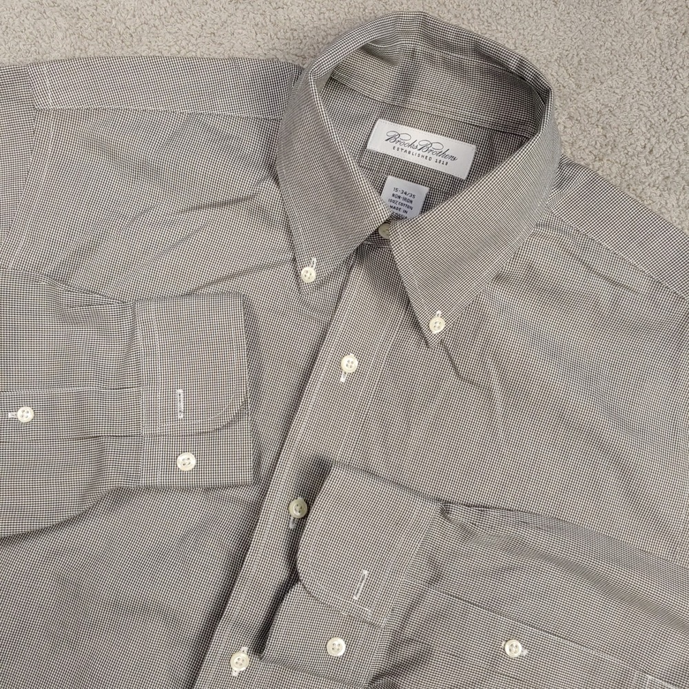 Brooks Brothers Button Down Shirt - Men 15-34/35 Brown Micro Houndstooth Cotton